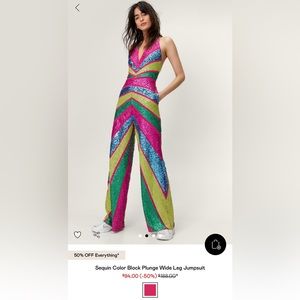 Sequin color block plunge wide leg jumpsuit